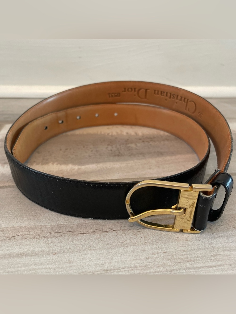 VTG Christian Dior Men’s 36 Black Leather Belt Gold Buckle